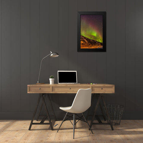 Alaska-Fairbanks Aurora borealis over mountain landscape Black Modern Wood Framed Art Print by Jaynes Gallery