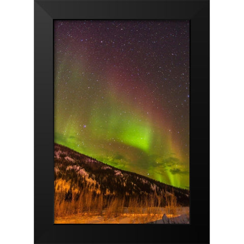 Alaska-Fairbanks Aurora borealis over mountain landscape Black Modern Wood Framed Art Print by Jaynes Gallery