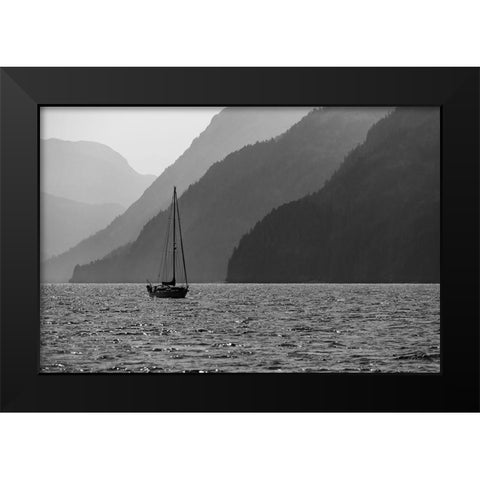 Alaska-Tongass National Forest BandW of sailboat in Lisianski Inlet  Black Modern Wood Framed Art Print by Jaynes Gallery