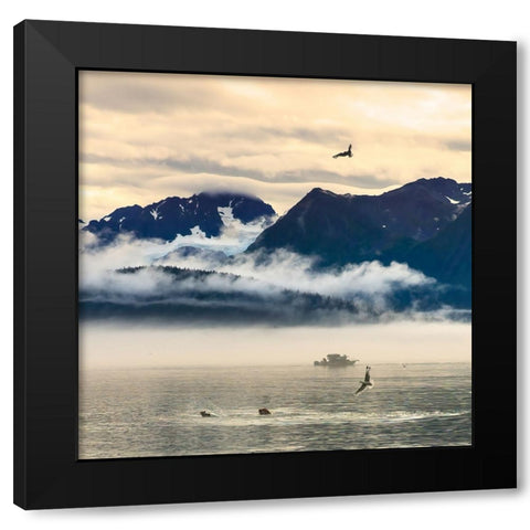 Fishing boat in Kenai Peninsula surrounded by mountains and wildlife Black Modern Wood Framed Art Print by Muir, Janet