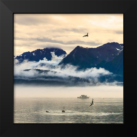 Fishing boat in Kenai Peninsula surrounded by mountains and wildlife Black Modern Wood Framed Art Print by Muir, Janet
