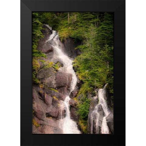 Kenai Peninsula. Two waterfalls surrounded by pine trees Black Modern Wood Framed Art Print by Muir, Janet
