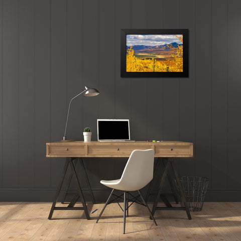 Alaska- Denali National Park. Golden landscape of valley and mountains. Black Modern Wood Framed Art Print by Muir, Janet