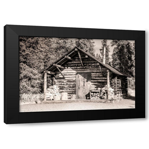 Small- rustic log home in sepia. Black Modern Wood Framed Art Print by Muir, Janet