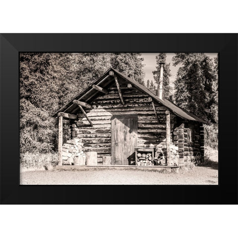 Small- rustic log home in sepia. Black Modern Wood Framed Art Print by Muir, Janet