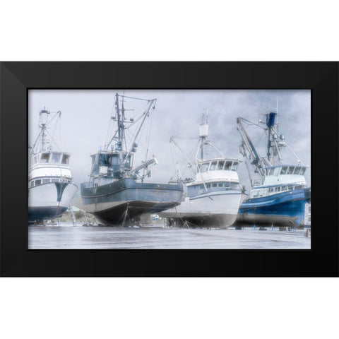 Alaska- Valdez. Fishing boats on dry dock. Artistic rendering. Black Modern Wood Framed Art Print by Muir, Janet