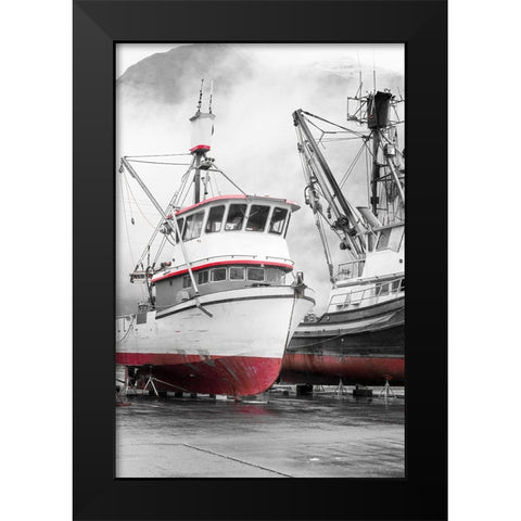 Alaska- Valdez. Fishing boats on dry dock. Artistic rendering. Black Modern Wood Framed Art Print by Muir, Janet