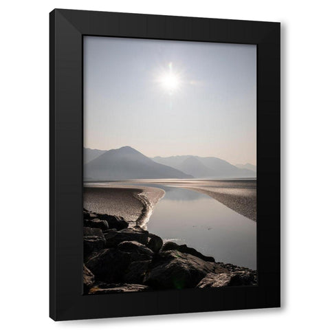 Cook Inlet-Alaska-curved stream-mountains-black and white-sunburst Black Modern Wood Framed Art Print by Sienda, Jolly