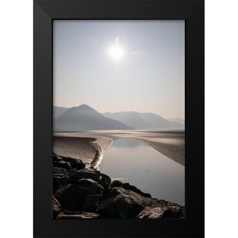 Cook Inlet-Alaska-curved stream-mountains-black and white-sunburst Black Modern Wood Framed Art Print by Sienda, Jolly