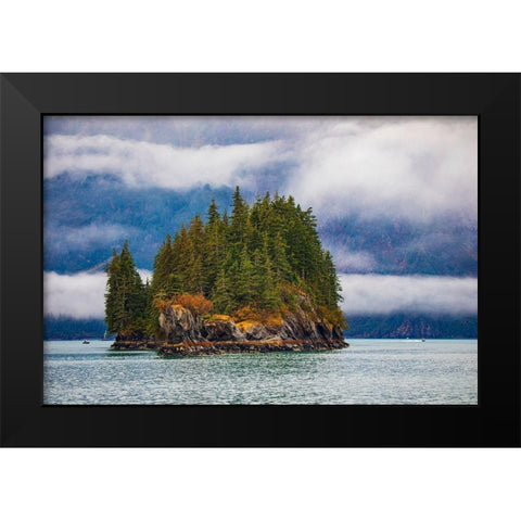 Prince William Sound-Alaska-Valdez-Island-evergreen trees-autumn-fog Black Modern Wood Framed Art Print by Sienda, Jolly
