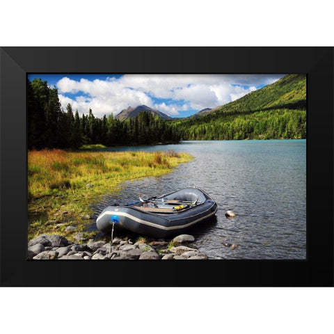 Moored Dingy on Kenai Lake, Kenai Peninsula, Alaska, USA Black Modern Wood Framed Art Print by Hersen, Michel