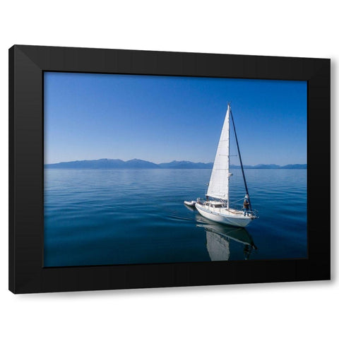 Alaska-Aerial view of Gulf 32 pilothouse boat motoring and sailing in calm waters of Frederick Sound Black Modern Wood Framed Art Print with Double Matting by Souders, Paul