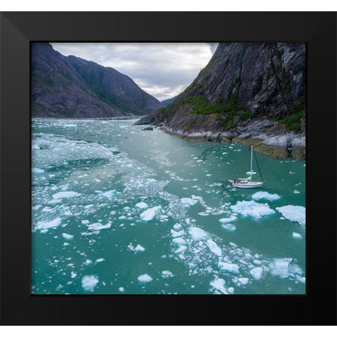 Alaska-Aerial view S/V Abuelos motoring among icebergs floating near calving face of LeConte Glacier Black Modern Wood Framed Art Print by Souders, Paul