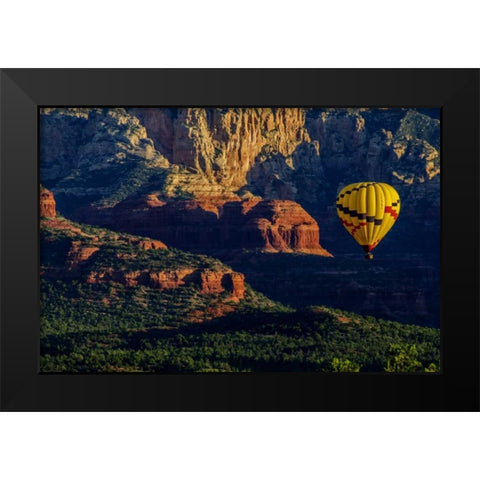 AZ, Hot-air balloon over Red Rocks SP at sunset Black Modern Wood Framed Art Print by OBrien, Jay