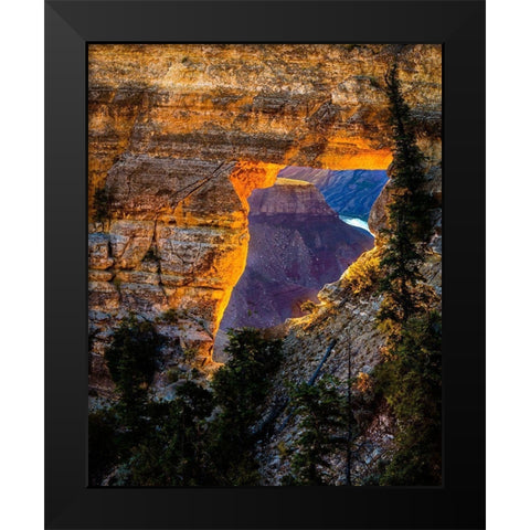 Arizona-Grand Canyon National Park View through hole in canyon wall at sunrise  Black Modern Wood Framed Art Print by Jaynes Gallery