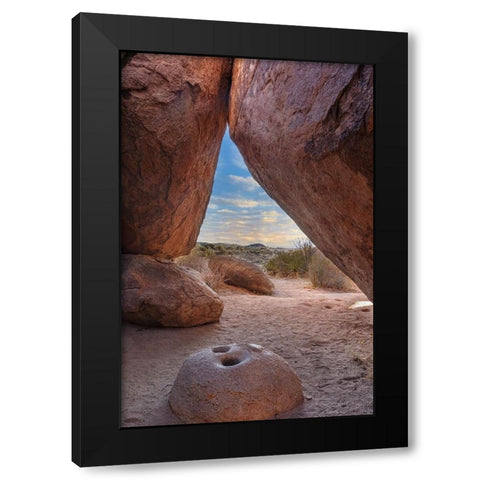 Ancient Native American mortar grinding stone in rock shelter at Council Rocks in the Dragoon Mount Black Modern Wood Framed Art Print by Haney, Chuck
