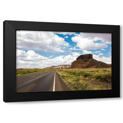 Navajo Nation-Arizona Back road past a butte Black Modern Wood Framed Art Print by McRoberts, Julien