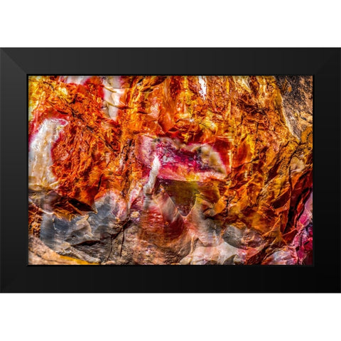 Red-orange and yellow petrified wood abstract-Blue Mesa-Petrified Forest National Park-Arizona Black Modern Wood Framed Art Print by Perry, William