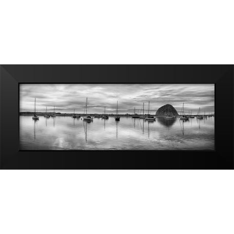 USA-California-Morro Bay Panoramic view of harbor and Morro Rock at dusk Black Modern Wood Framed Art Print by Collins, Ann