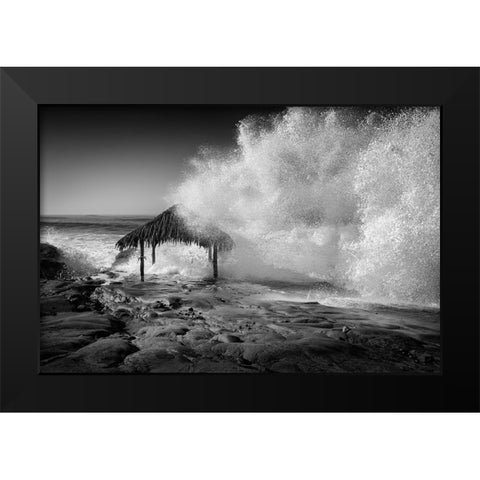 USA-California-La Jolla High surf at high tide inundates Windansea Surf Shack Black Modern Wood Framed Art Print by Collins, Ann