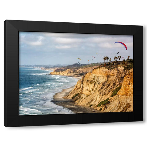 USA-California-La Jolla Paragliders soar over Blacks Beach Black Modern Wood Framed Art Print by Collins, Ann