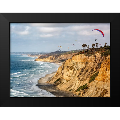 USA-California-La Jolla Paragliders soar over Blacks Beach Black Modern Wood Framed Art Print by Collins, Ann