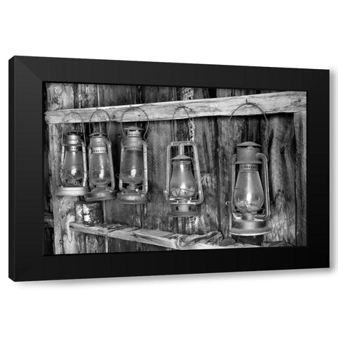 Antique lanterns-Bodie State Historic Park viewed through window-California Black Modern Wood Framed Art Print by Jones, Adam