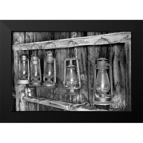 Antique lanterns-Bodie State Historic Park viewed through window-California Black Modern Wood Framed Art Print by Jones, Adam