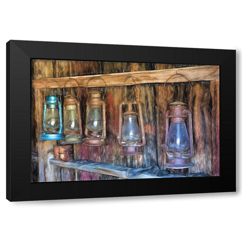 Painting effect on antique lanterns-Bodie State Historic Park viewed through window-California Black Modern Wood Framed Art Print with Double Matting by Jones, Adam
