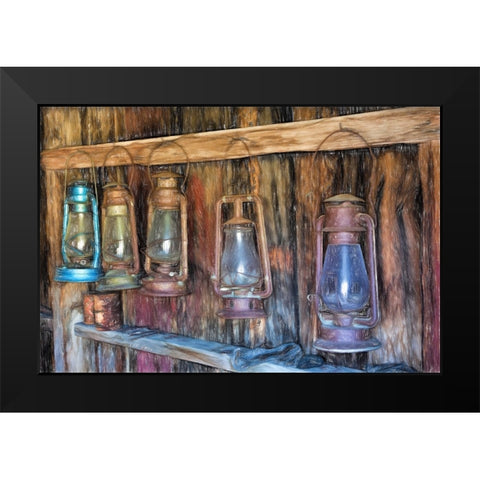 Painting effect on antique lanterns-Bodie State Historic Park viewed through window-California Black Modern Wood Framed Art Print by Jones, Adam