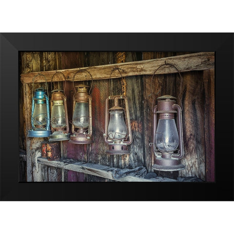 Antique lanterns-Bodie State Historic Park viewed through window-California Black Modern Wood Framed Art Print by Jones, Adam