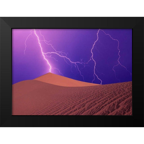 CA, Death Valley NP, Lightning bolts over dunes Black Modern Wood Framed Art Print by Satushek, Steve