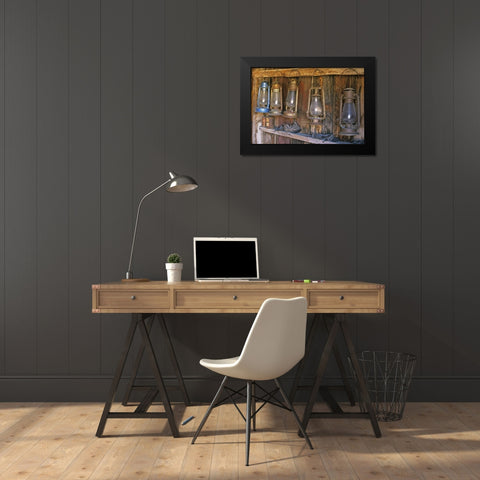 CA, Bodie SP Lanterns inside a General Store Black Modern Wood Framed Art Print by Flaherty, Dennis