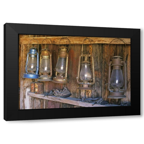 CA, Bodie SP Lanterns inside a General Store Black Modern Wood Framed Art Print with Double Matting by Flaherty, Dennis