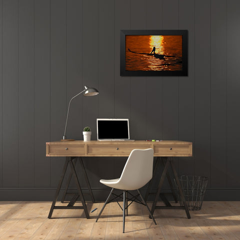 CA, Bolsa Chica Lagoon Brown pelican takes off Black Modern Wood Framed Art Print by Morris, Arthur
