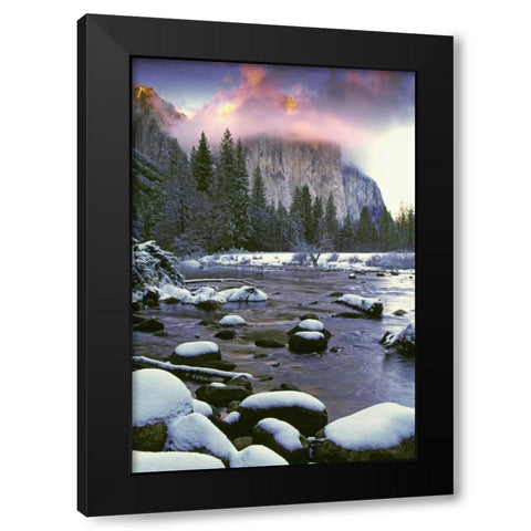 CA, Yosemite Sunlight on clouds over El Capitan Black Modern Wood Framed Art Print with Double Matting by Flaherty, Dennis