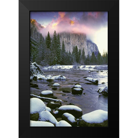 CA, Yosemite Sunlight on clouds over El Capitan Black Modern Wood Framed Art Print by Flaherty, Dennis