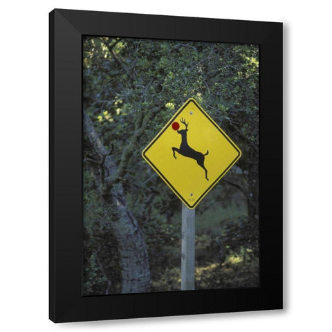 CA, Rudolph the reindeer crossing sign on Highway Black Modern Wood Framed Art Print by Grall, Don