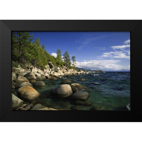 CA, Lake Tahoe Granite boulders line a lake Black Modern Wood Framed Art Print by Flaherty, Dennis