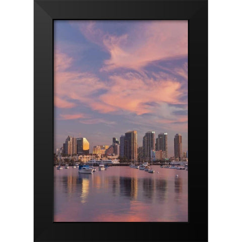 CA, San Diego Sunset view of marina and downtown Black Modern Wood Framed Art Print by Paulson, Don
