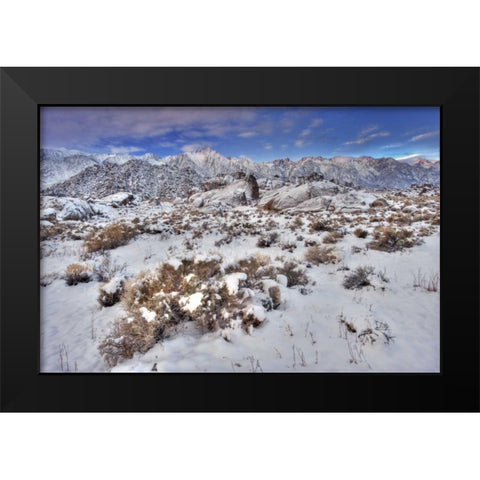 CA, Sierra Mts, Alabama Hills snowy landscape Black Modern Wood Framed Art Print by Welling, Dave