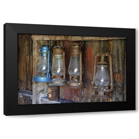 CA, Bodie SP Llanterns in abandoned fire station Black Modern Wood Framed Art Print with Double Matting by Flaherty, Dennis
