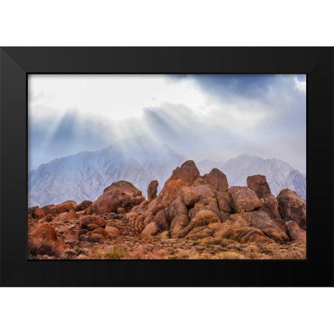 CA, Alabama Hills God rays over Lone Pine Peak Black Modern Wood Framed Art Print by Paulson, Don