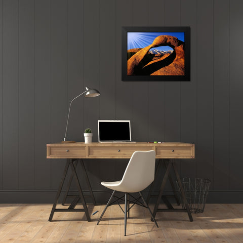 California-Alabama Hills Sun rays and granite arch that frames Lone Pine Peak Black Modern Wood Framed Art Print by Jaynes Gallery