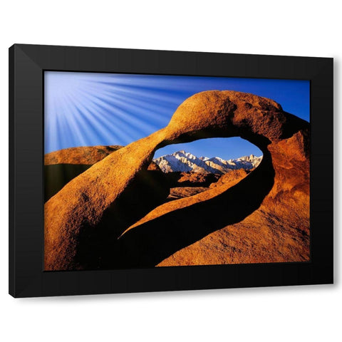 California-Alabama Hills Sun rays and granite arch that frames Lone Pine Peak Black Modern Wood Framed Art Print by Jaynes Gallery