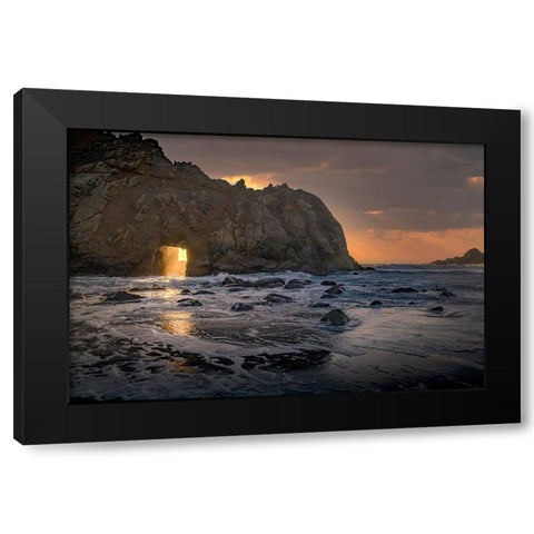 Usa-California Sunsets gleams through this hole in the rock along the Big Sur coast Black Modern Wood Framed Art Print by Sederquist, Betty