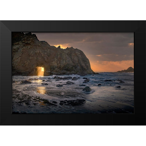 Usa-California Sunsets gleams through this hole in the rock along the Big Sur coast Black Modern Wood Framed Art Print by Sederquist, Betty