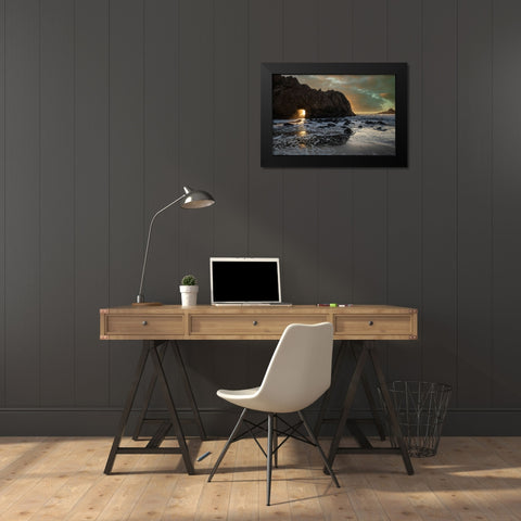 Sunset shines through a tunnel in this sea rock at Big Sur. Black Modern Wood Framed Art Print by Sederquist, Betty