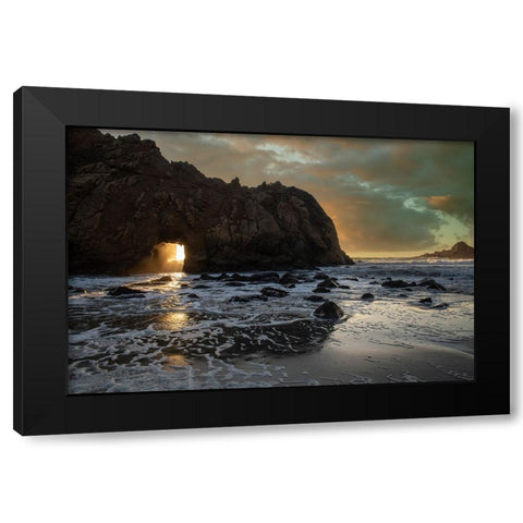 Sunset shines through a tunnel in this sea rock at Big Sur. Black Modern Wood Framed Art Print with Double Matting by Sederquist, Betty