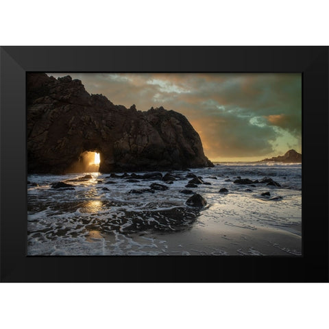 Sunset shines through a tunnel in this sea rock at Big Sur. Black Modern Wood Framed Art Print by Sederquist, Betty
